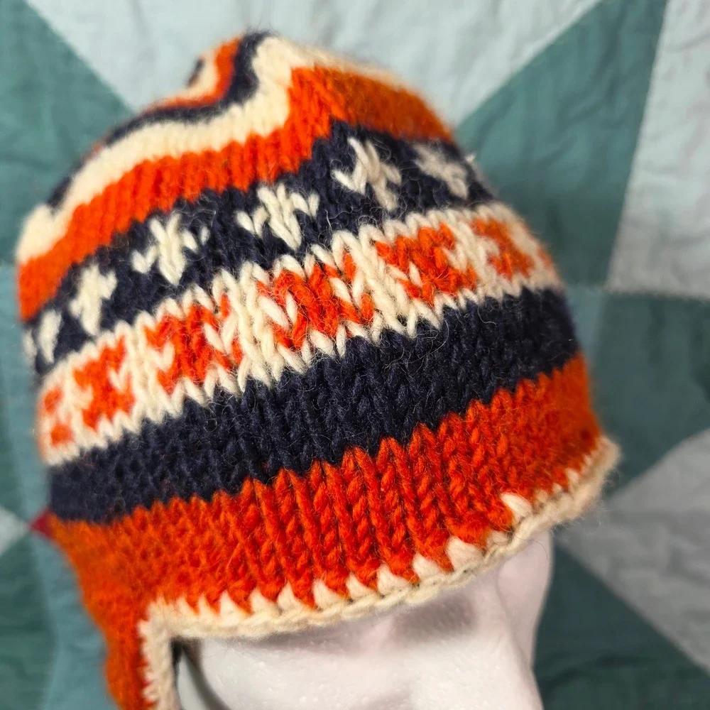 Earth‎ Ragz Knit Wool Chullo Earflap Hat Orange Navy White Fair Isle Nepal